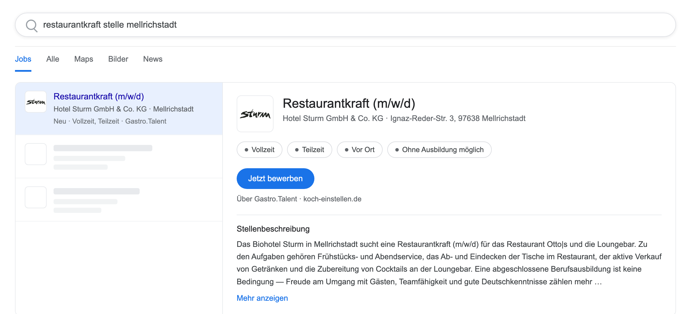 Die Stelle in der Google-Jobsuche